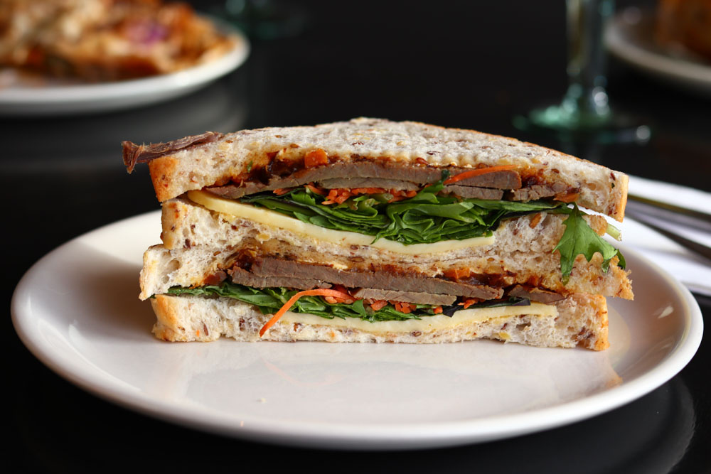 A sandwich on the table at airport cafe