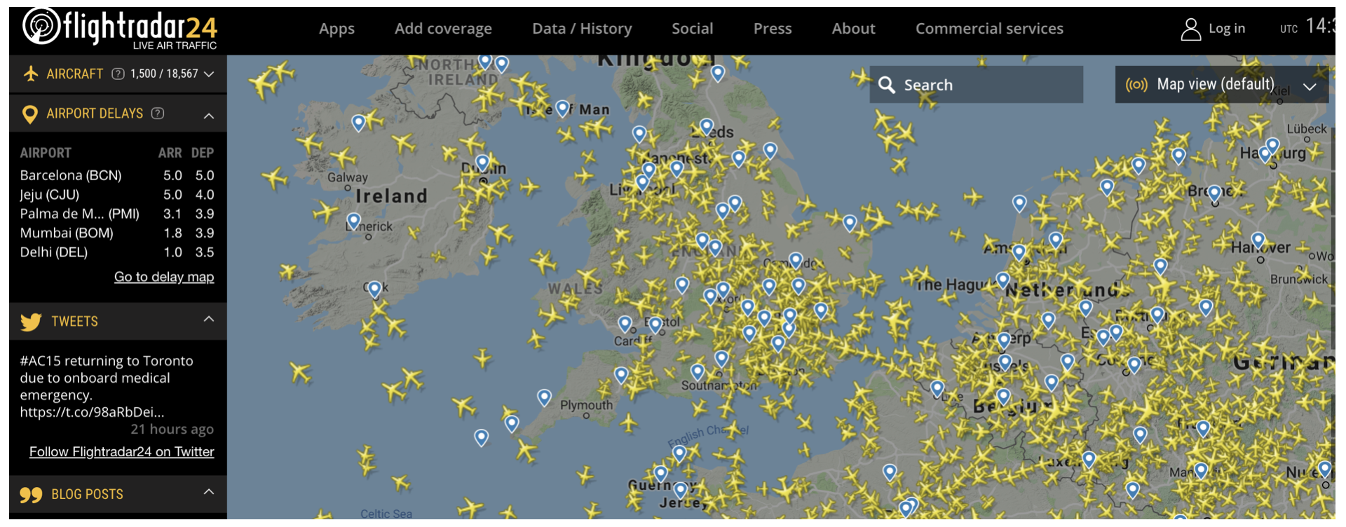 Карта онлайн полетов самолетов в реальном времени от flightradar24