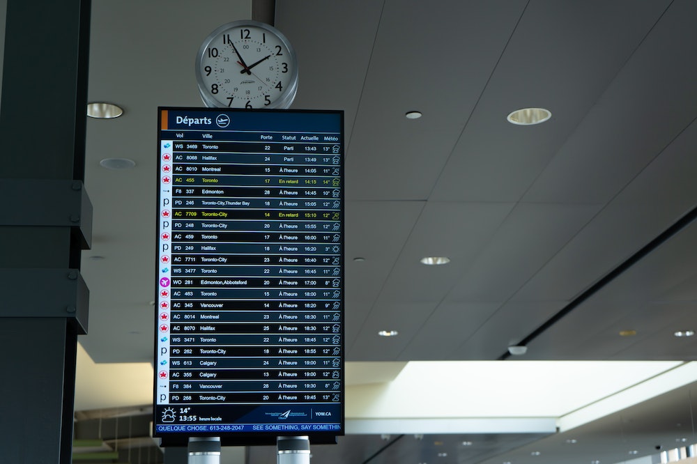 An airport departures board