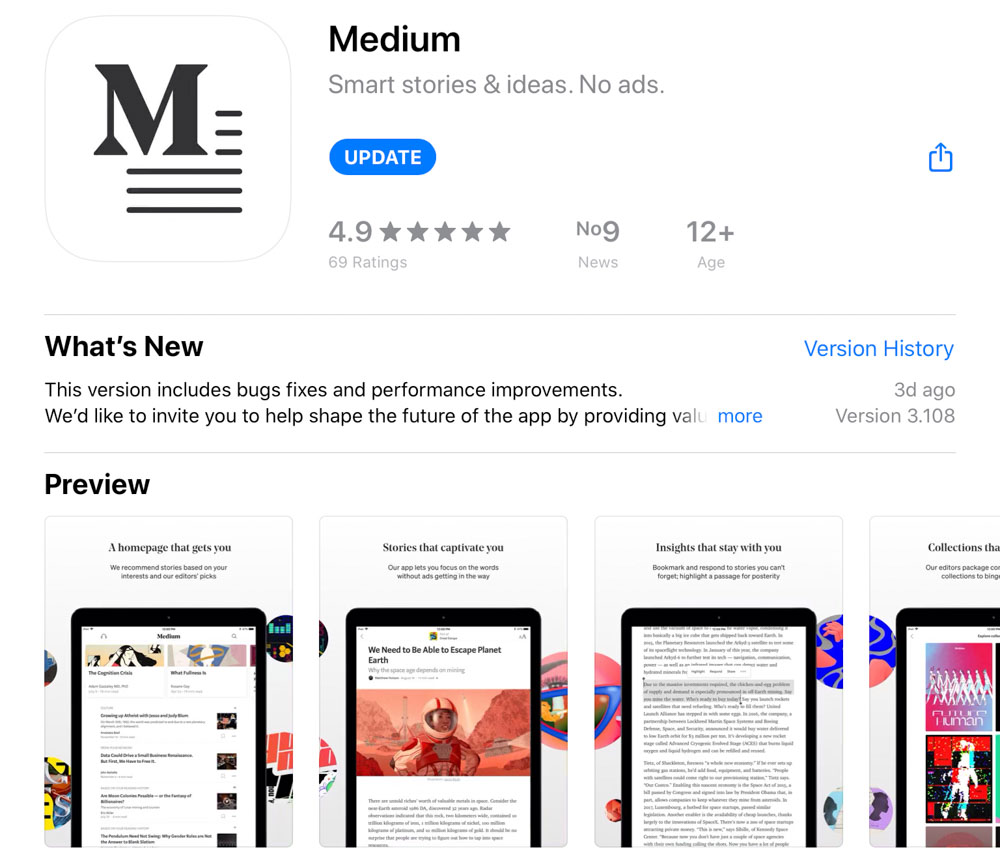 Medium app for mobile and tablet