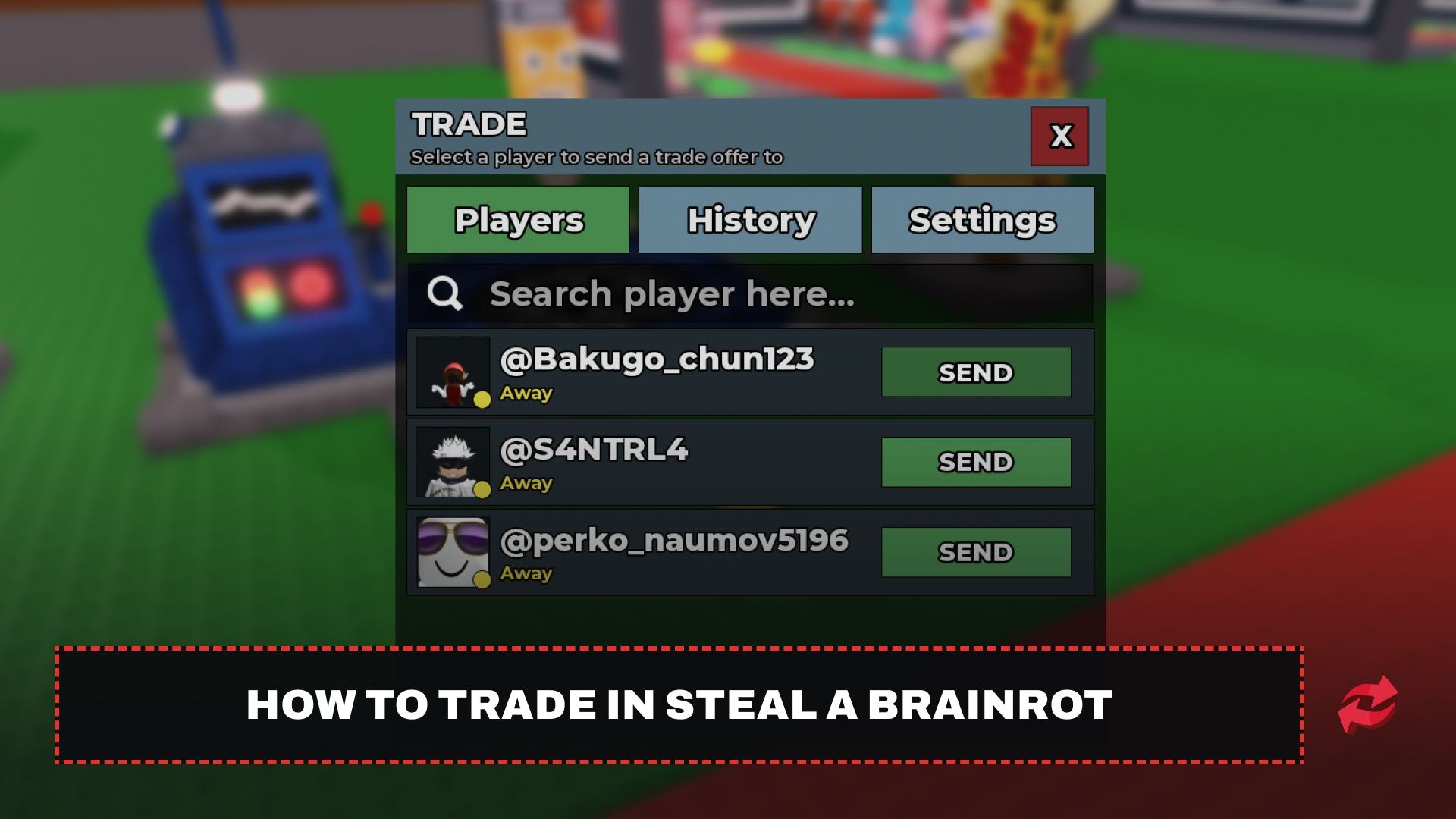 In-game Trade menu listing nearby players with options to send trade offers.