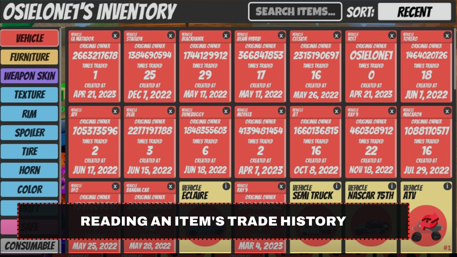 Items' Trade Card from a player's POV