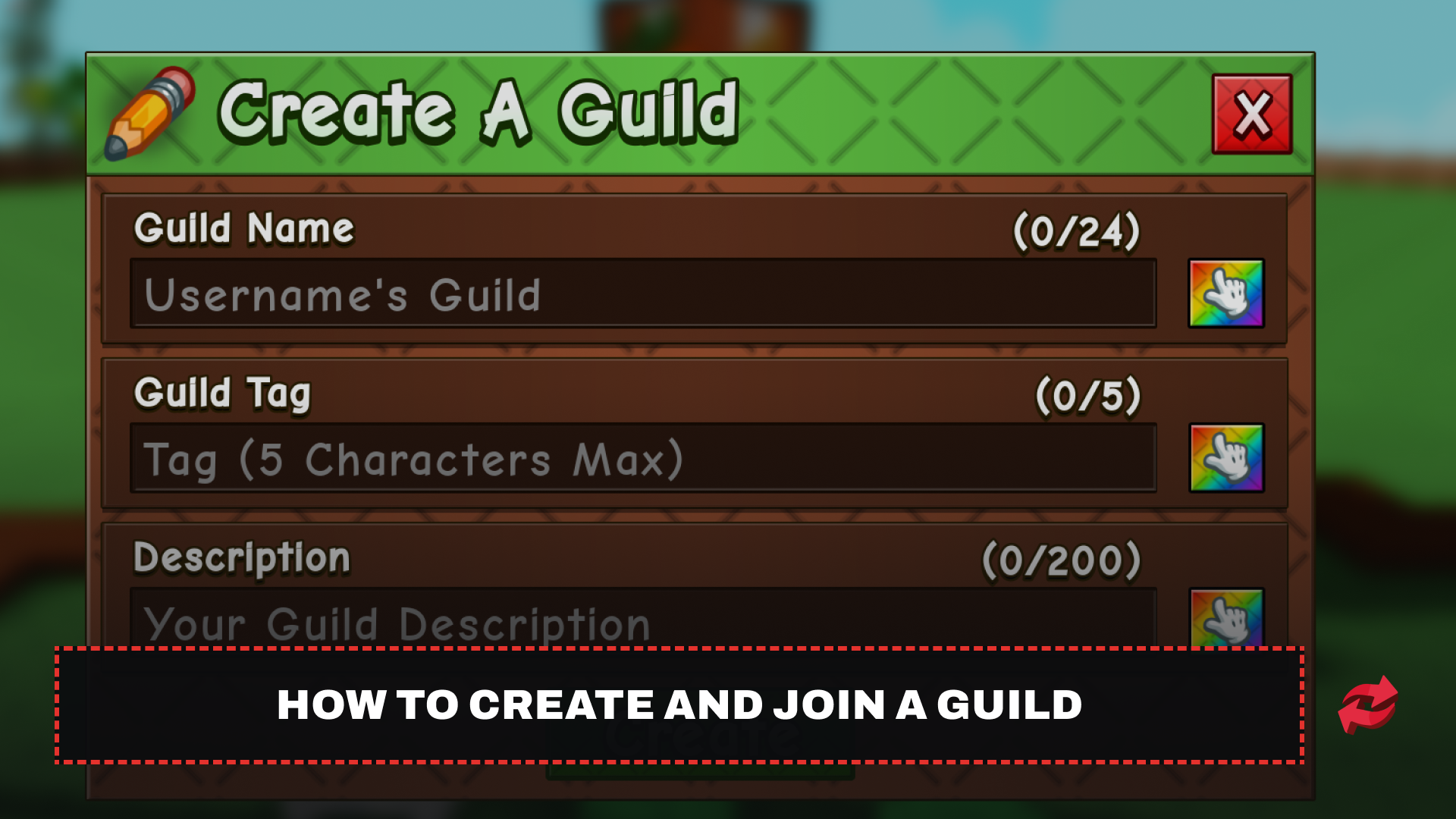 In-game, create a Guild menu with fields for name, tag, and description.