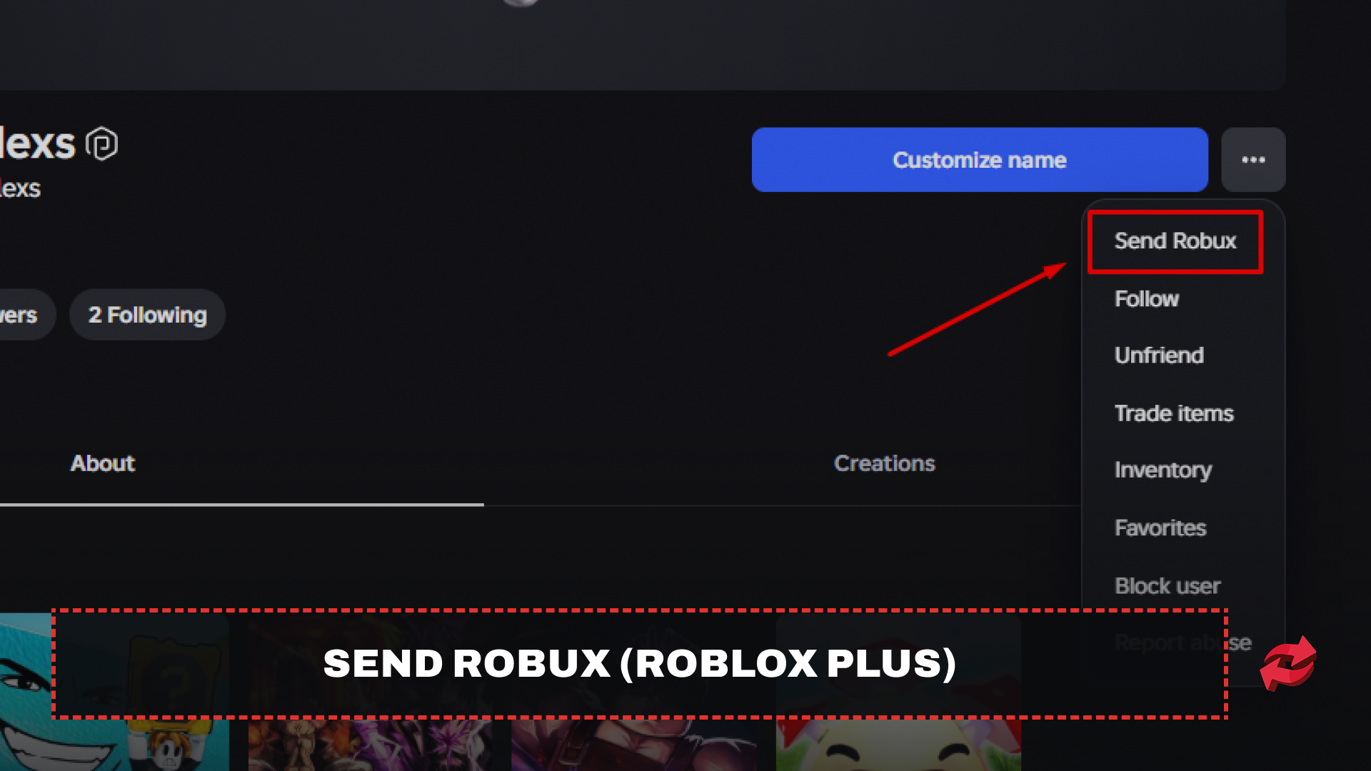 Roblox profile menu highlighting the Send Robux option
