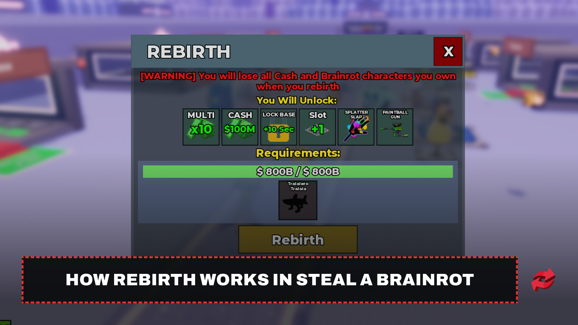 In-game Rebirth menu showing unlock rewards and the cash requirement met.