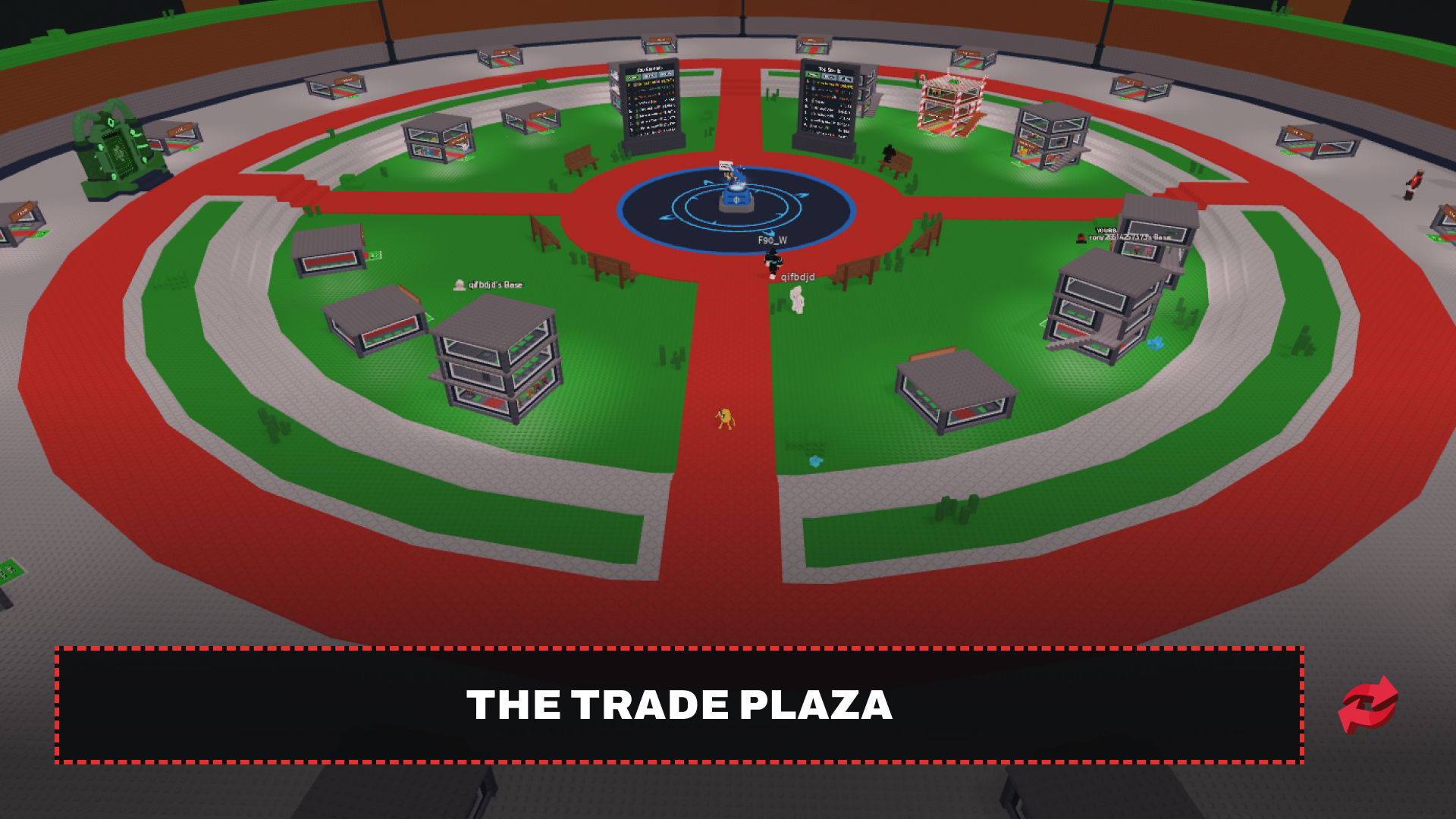Overhead view of a circular player hub with bases arranged around a central spawn.