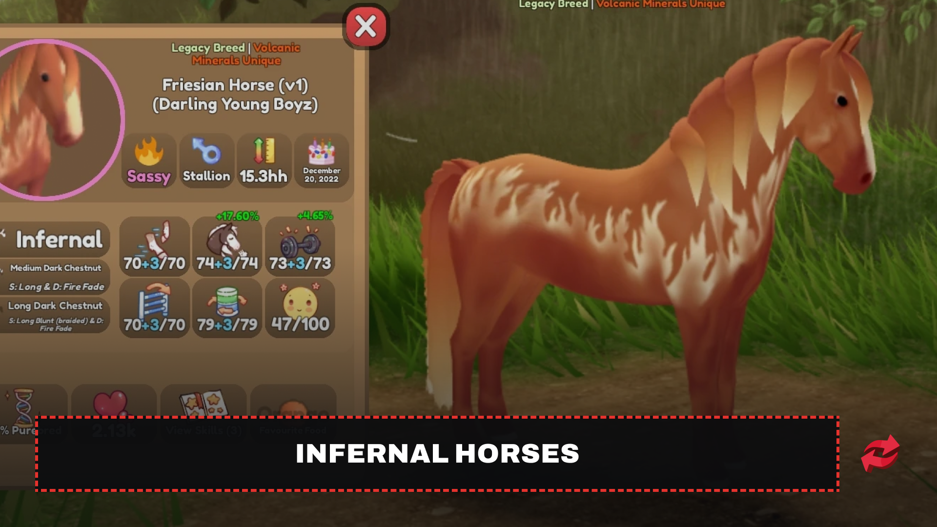 Infernal Friesian Horse profile with fire-patterned coat and full stats.