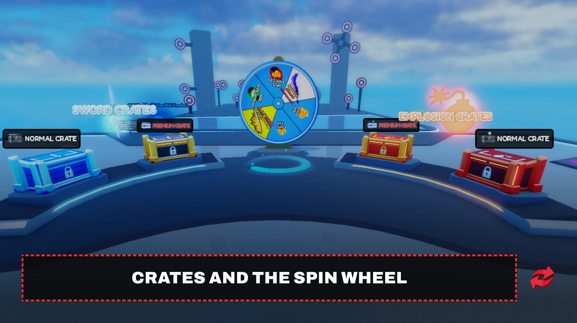 In-game area showing Sword and Explosion crates alongside a spin wheel for rewards