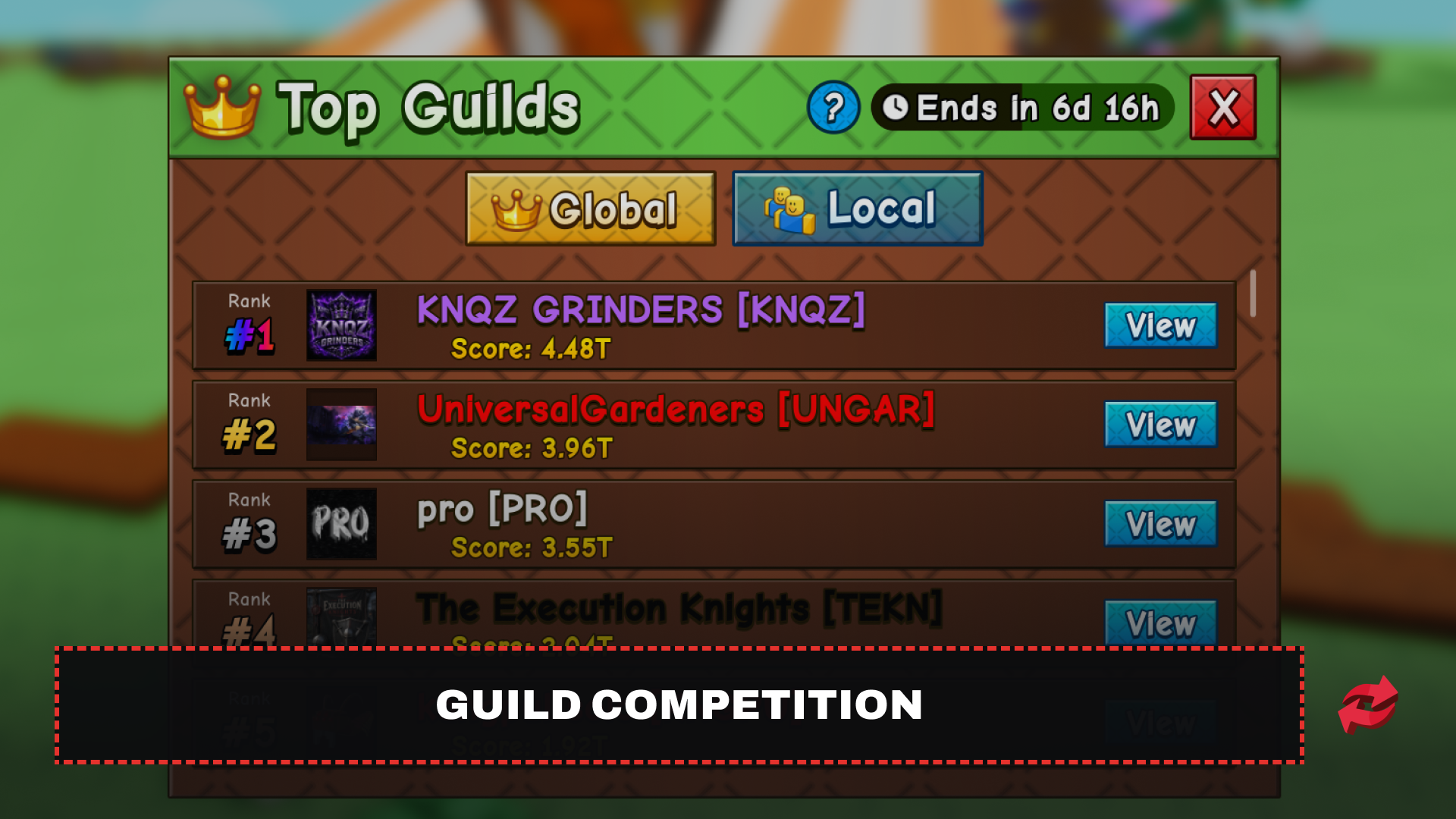 In-game Top Guilds leaderboard showing global rankings with guild names and scores.