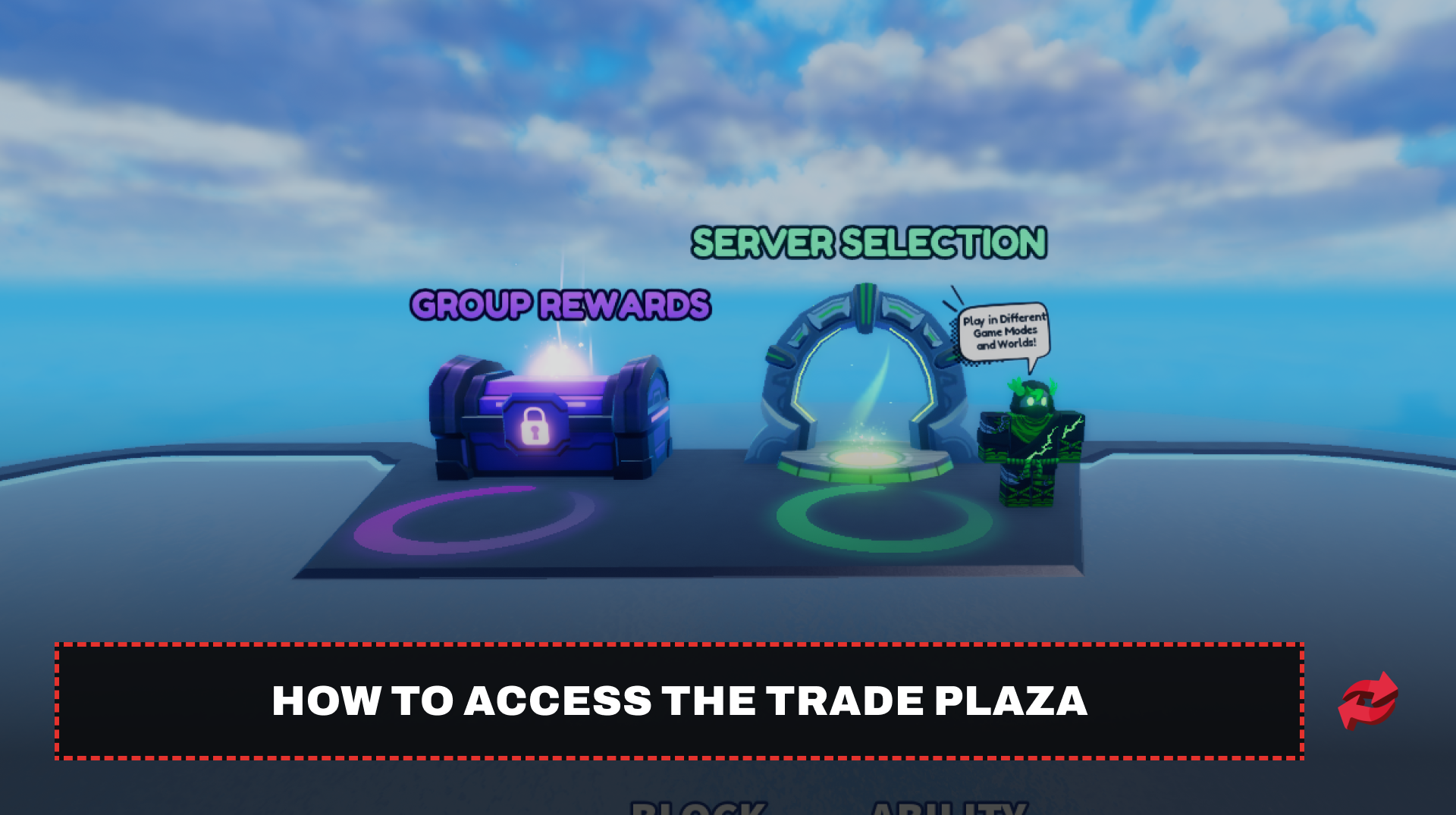 In-game area showing the Group Rewards chest and the Server Selection portal.
