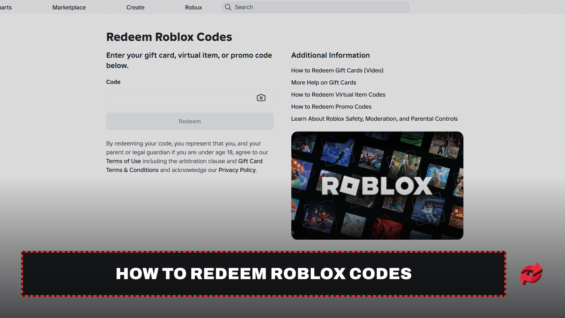 Roblox Redeem Codes page with the code entry field