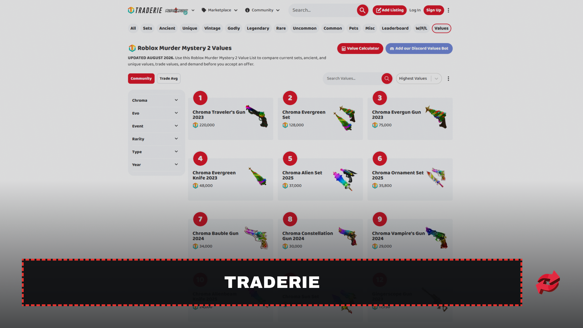 Traderie MM2 Values List