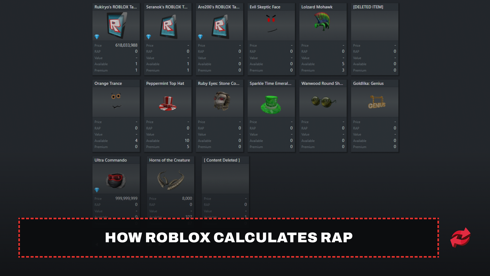 Grid of Roblox limited items with price, RAP, value, and availability stats