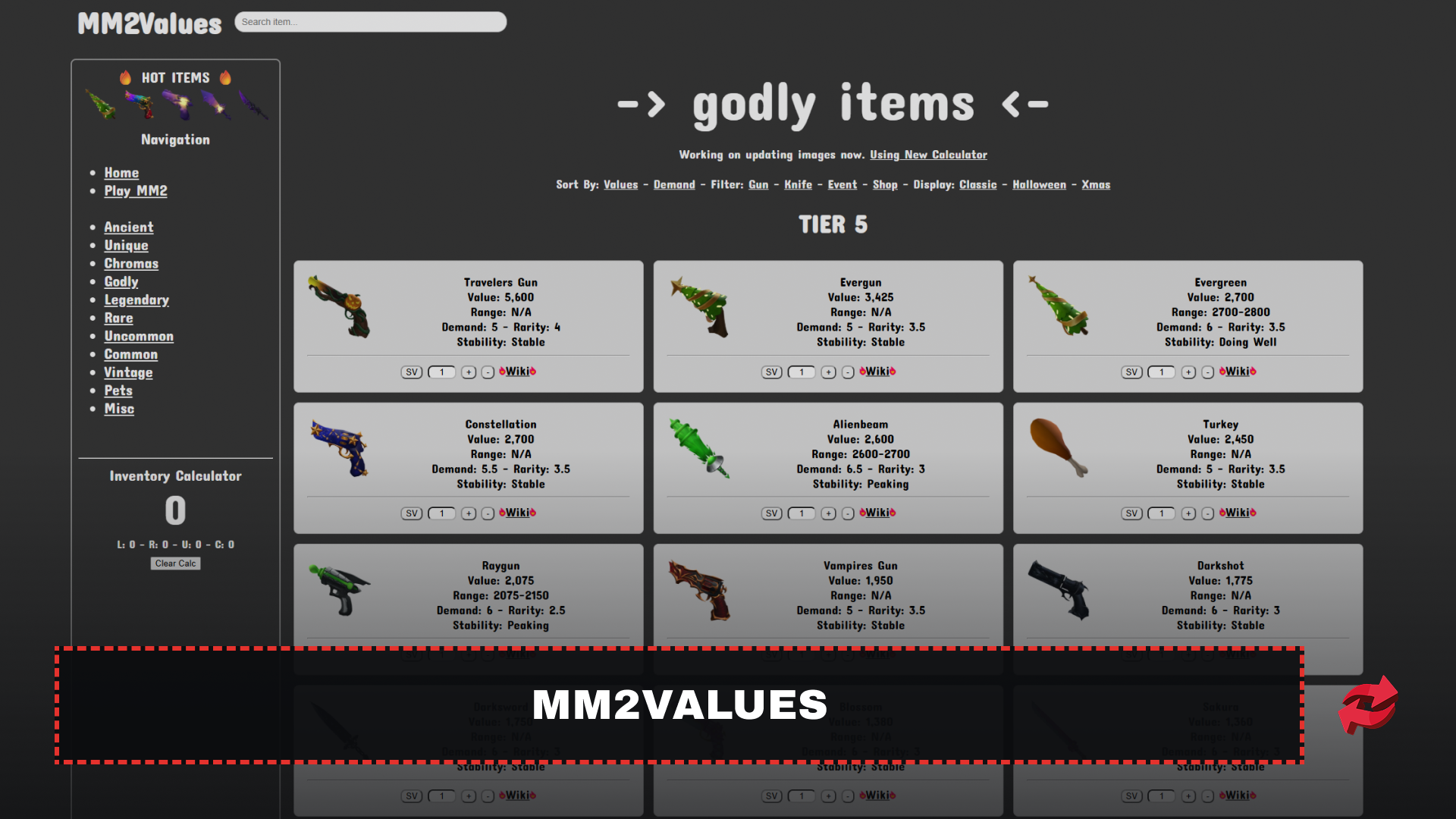 MM2Values Godly Items Page