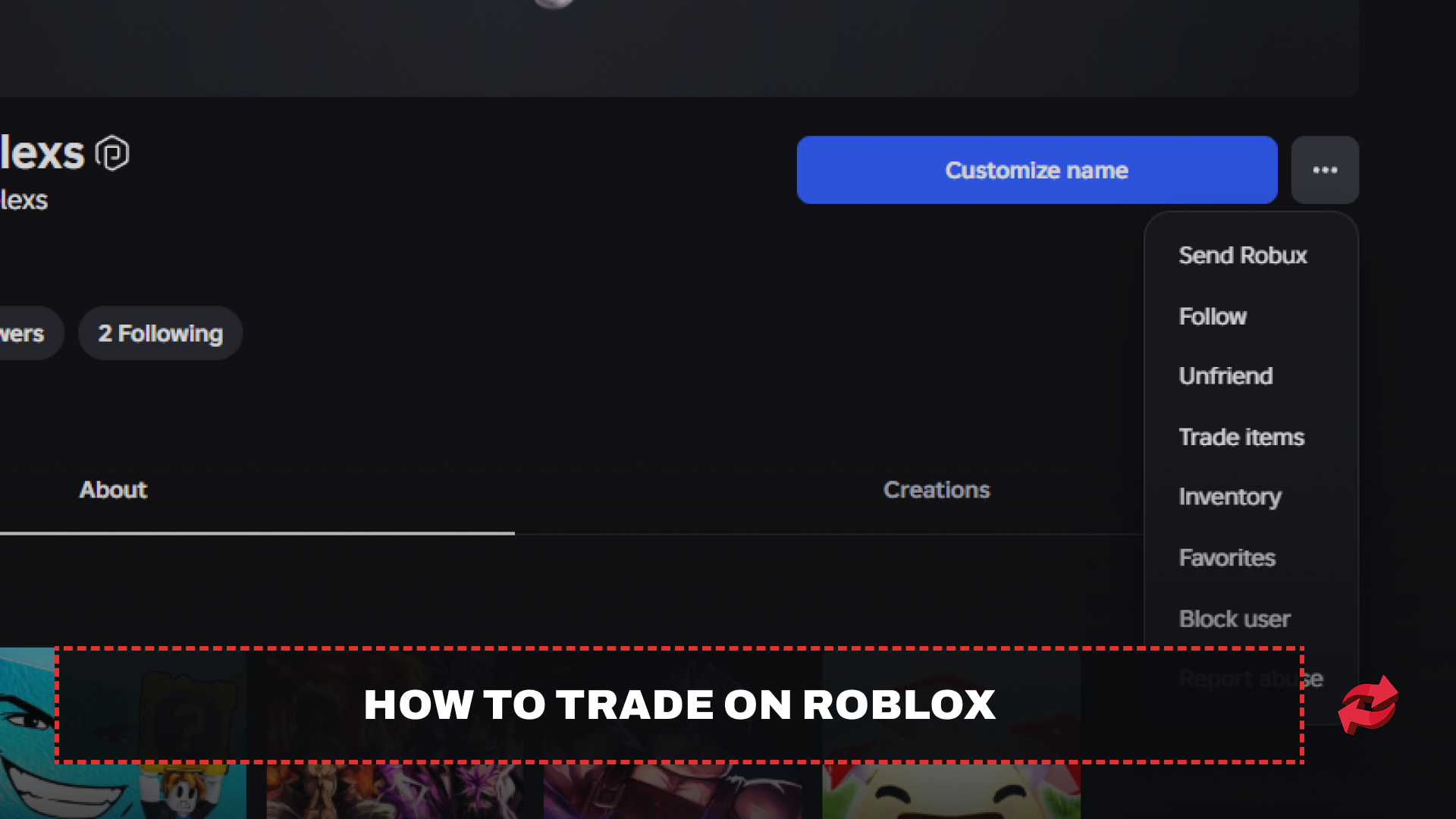 Roblox profile dropdown menu showing the "Trade Items" option used to start a trade.