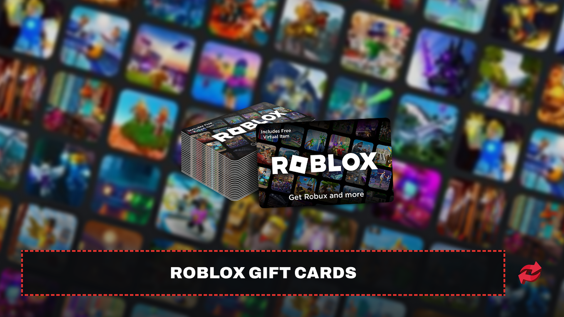 Stack of Roblox gift cards over a blurred Roblox game tile background