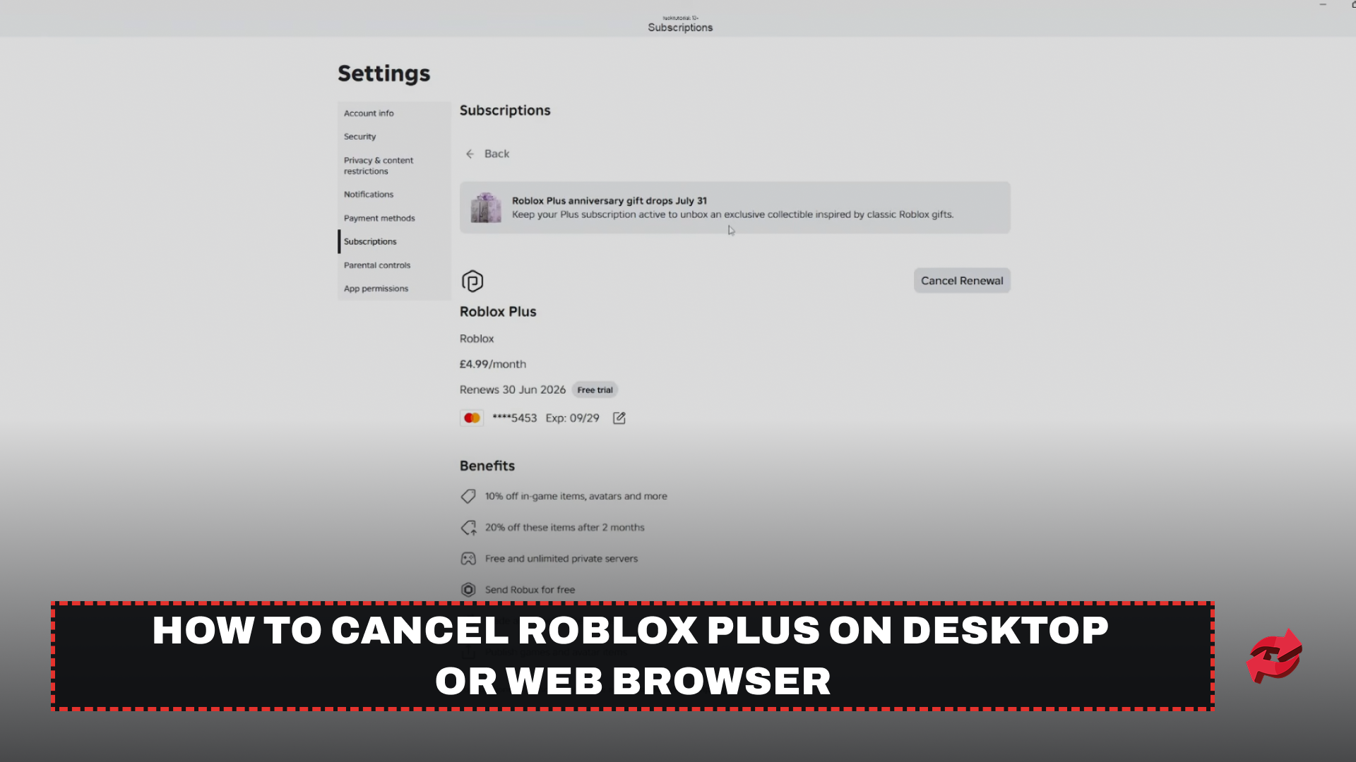Roblox Plus subscription settings page with the Cancel Renewal button