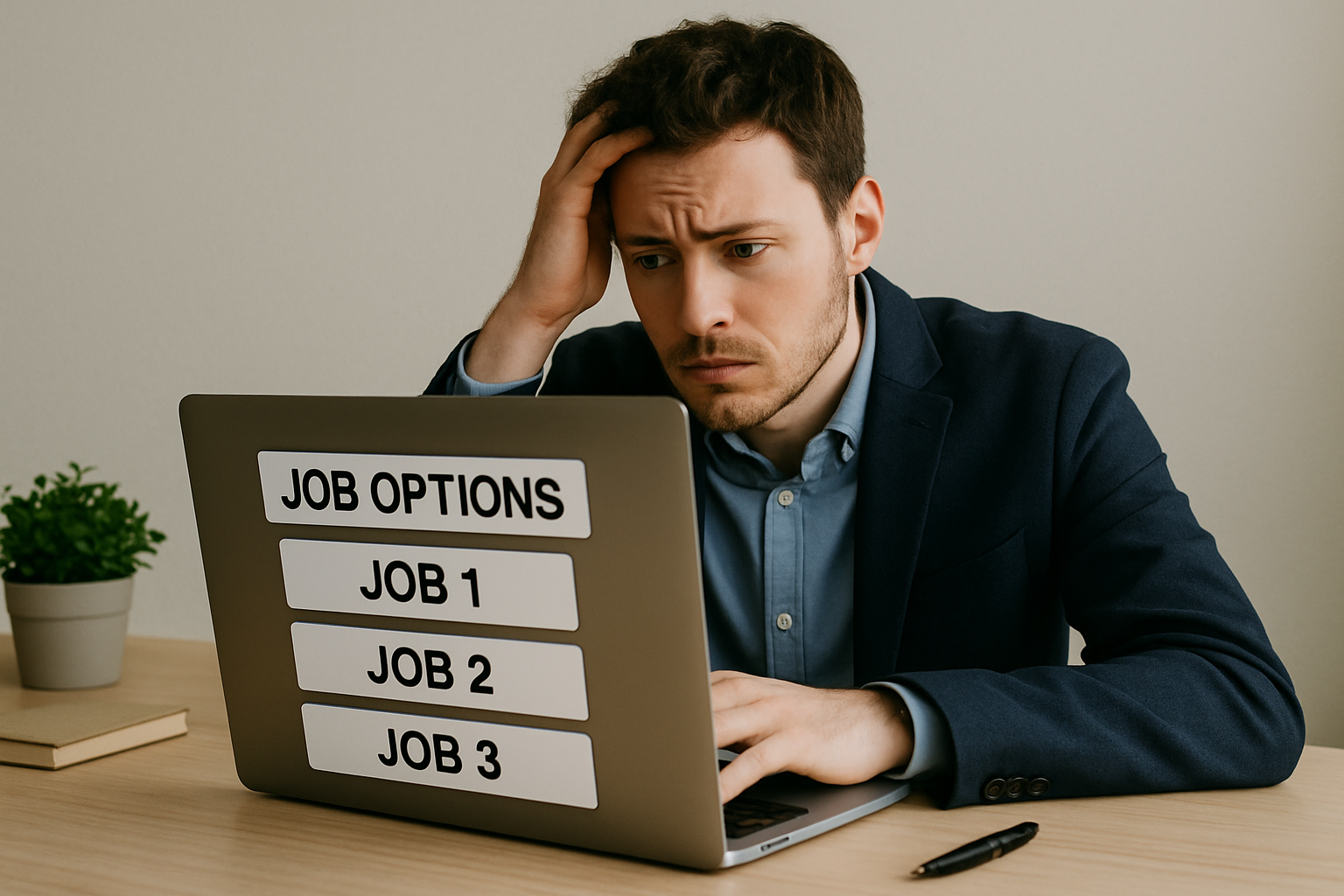 Confused young professional looking at job options on laptop