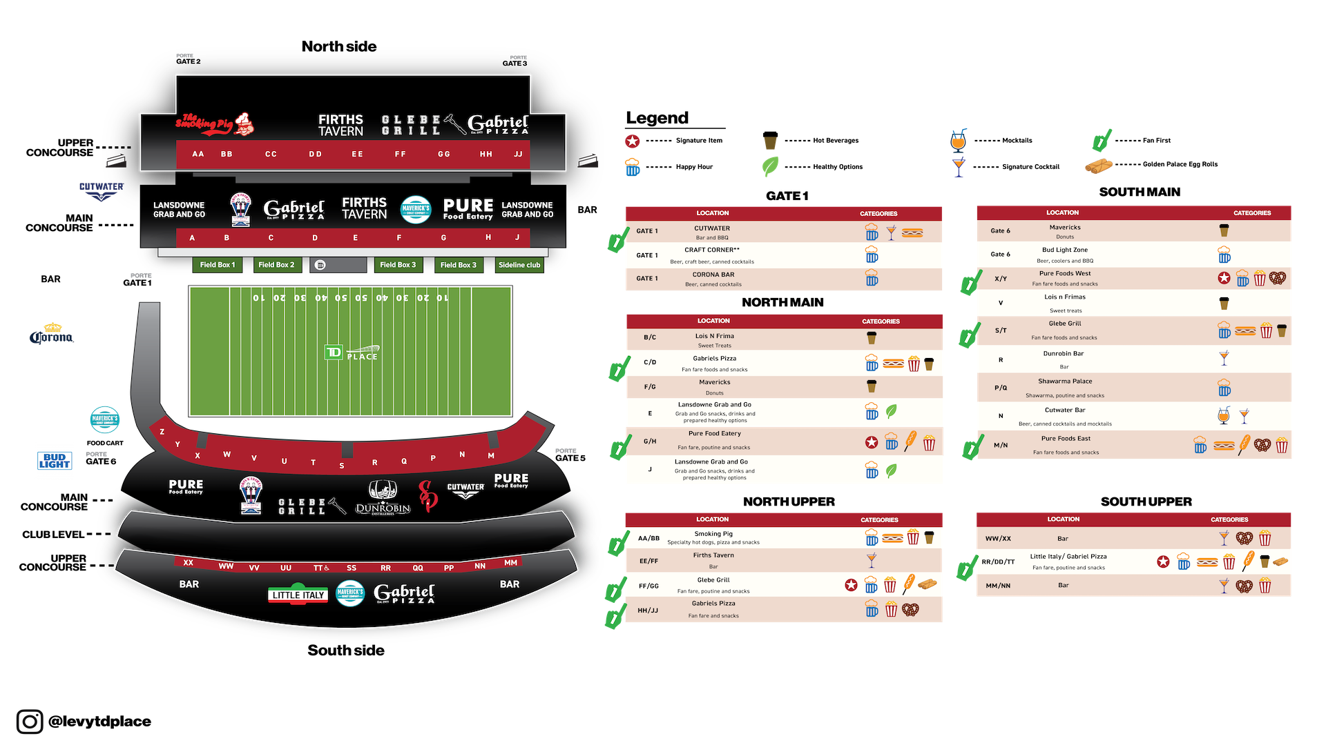TD Place Concessions Map showing food and beverage locations by gate and section