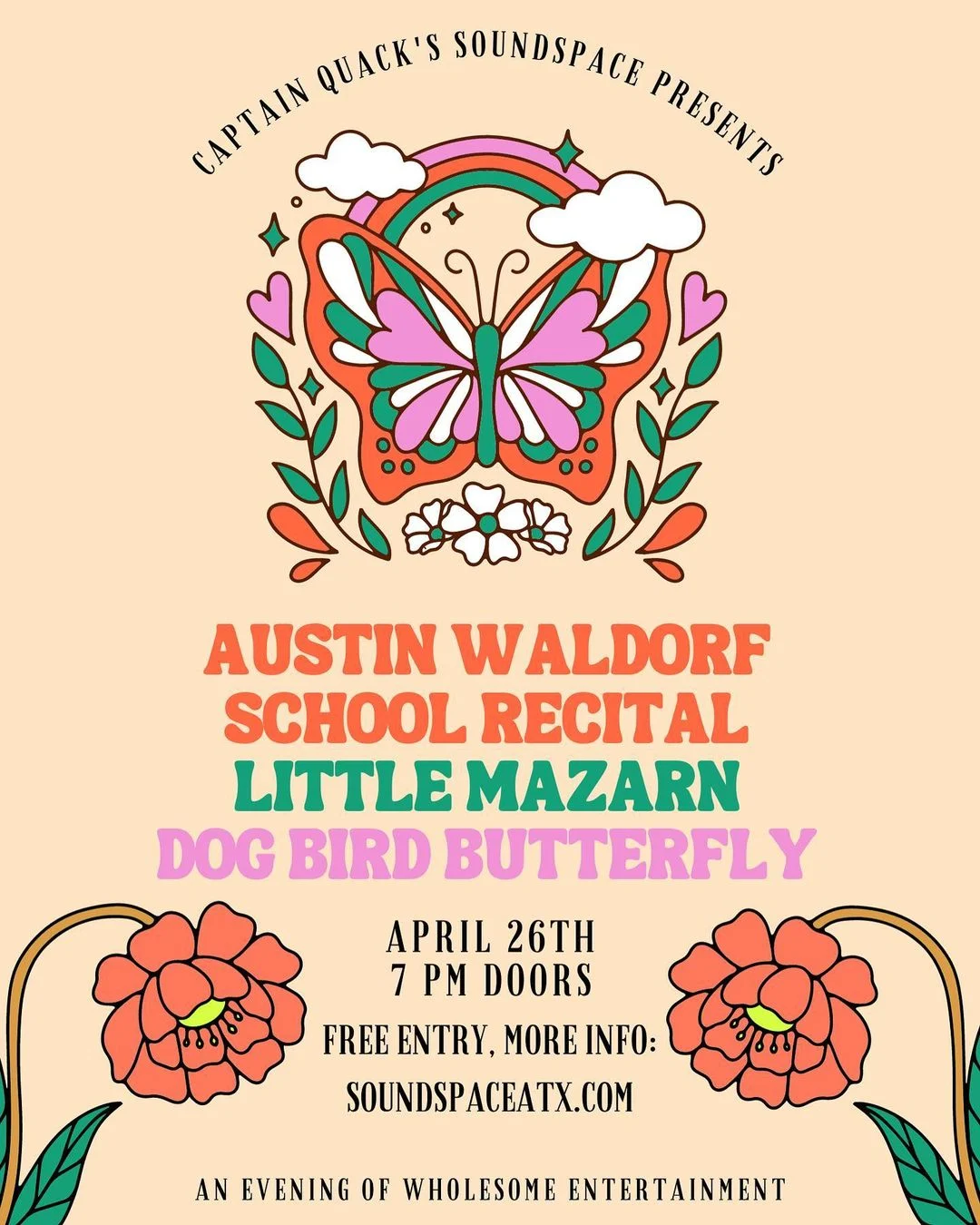 Austin Waldorf School Recital, Little Mazarn, and Dog Bird Butterfly, April 26, 2023 at Soundspace at Captain Quackenbush's Bakery.