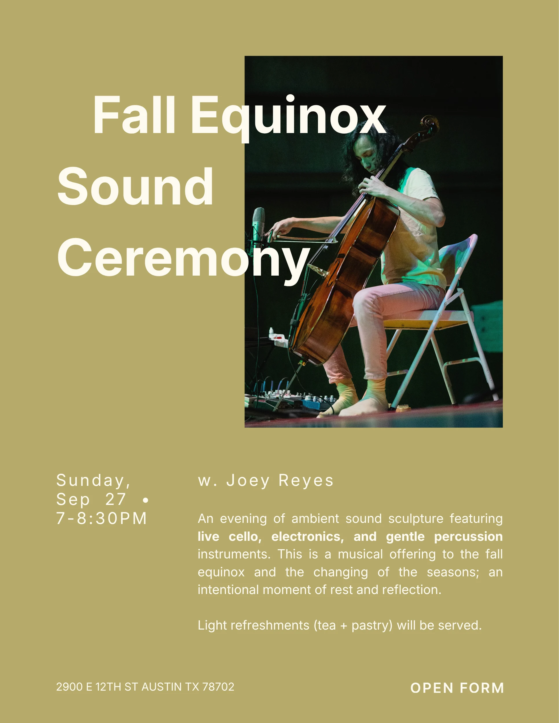 Fall Equinox Sound Ceremony with Joey Reyes; Sunday, September 27, 2026 7:00 to 8:30 at Open Form Yoga