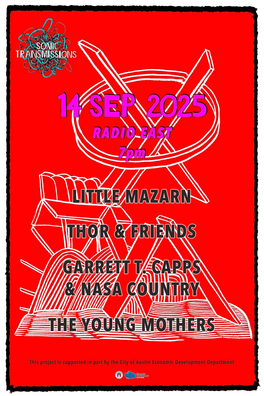 Sonic Transmissions; 14 Sep 2025; Radio East; 7PM; Little Mozart, Thor & Friends, Garrett T. Capps & NASA Country, and The Young Mothers.