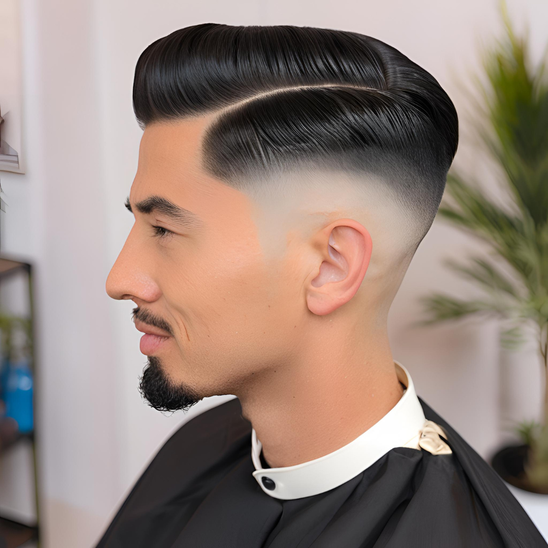 Side profile of a man with a short pompadour and skin fade haircut