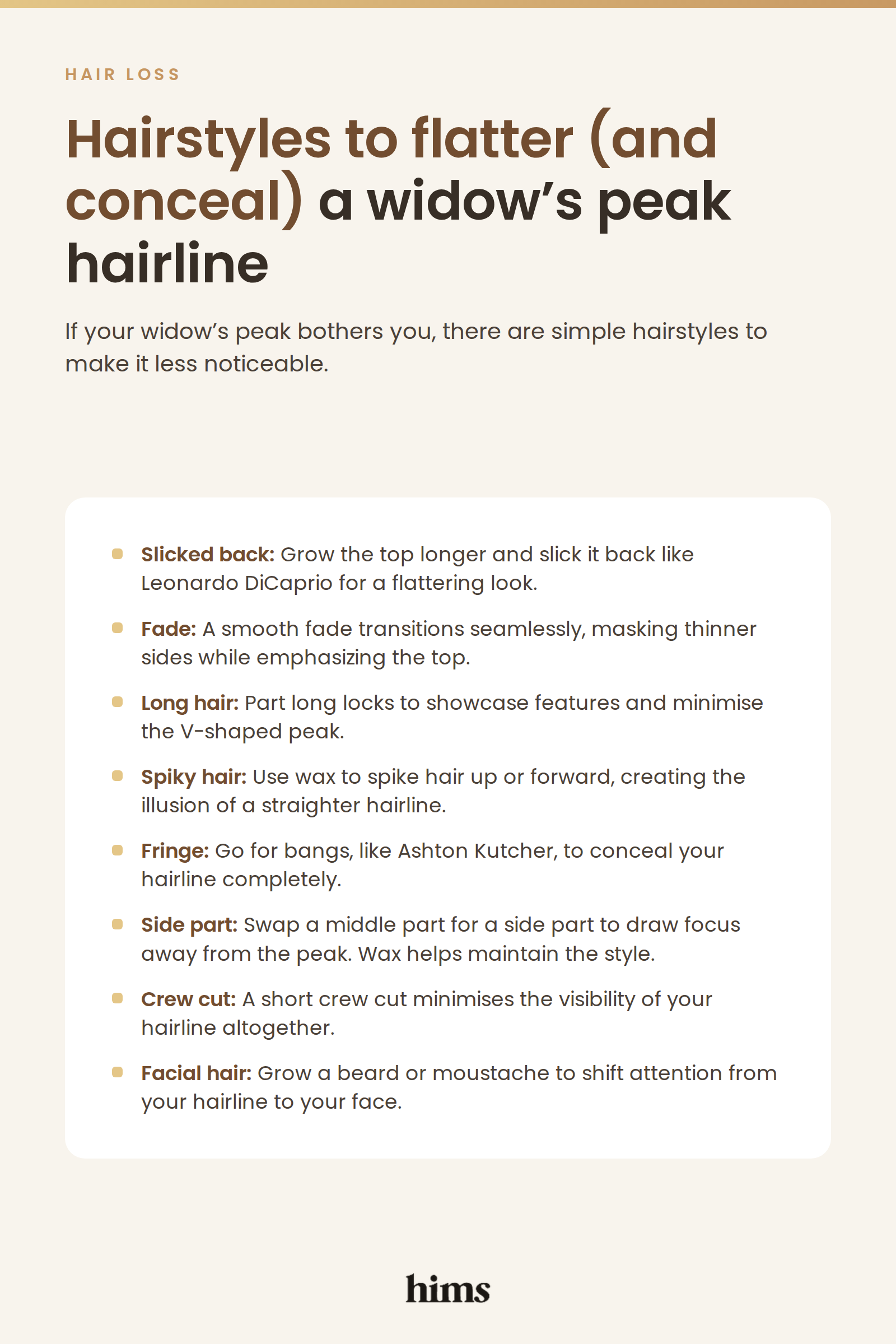Infographic of hairstyles that flatter and conceal a widow's peak hairline, including slicked back, fade, fringe and side part styles