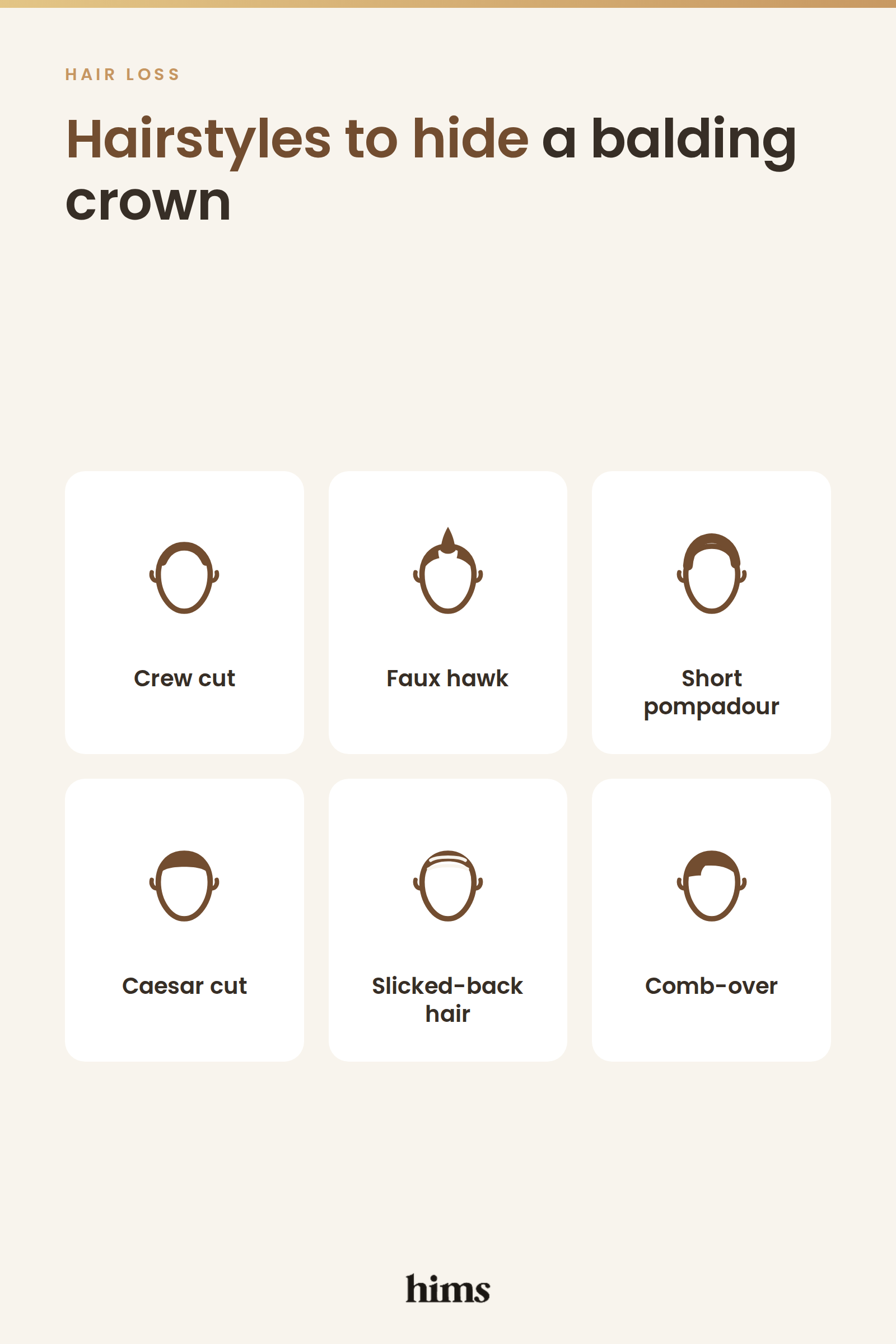 Infographic of six hairstyles that hide a balding crown, including crew cut, faux hawk, short pompadour, Caesar cut, slicked-back hair and comb-over