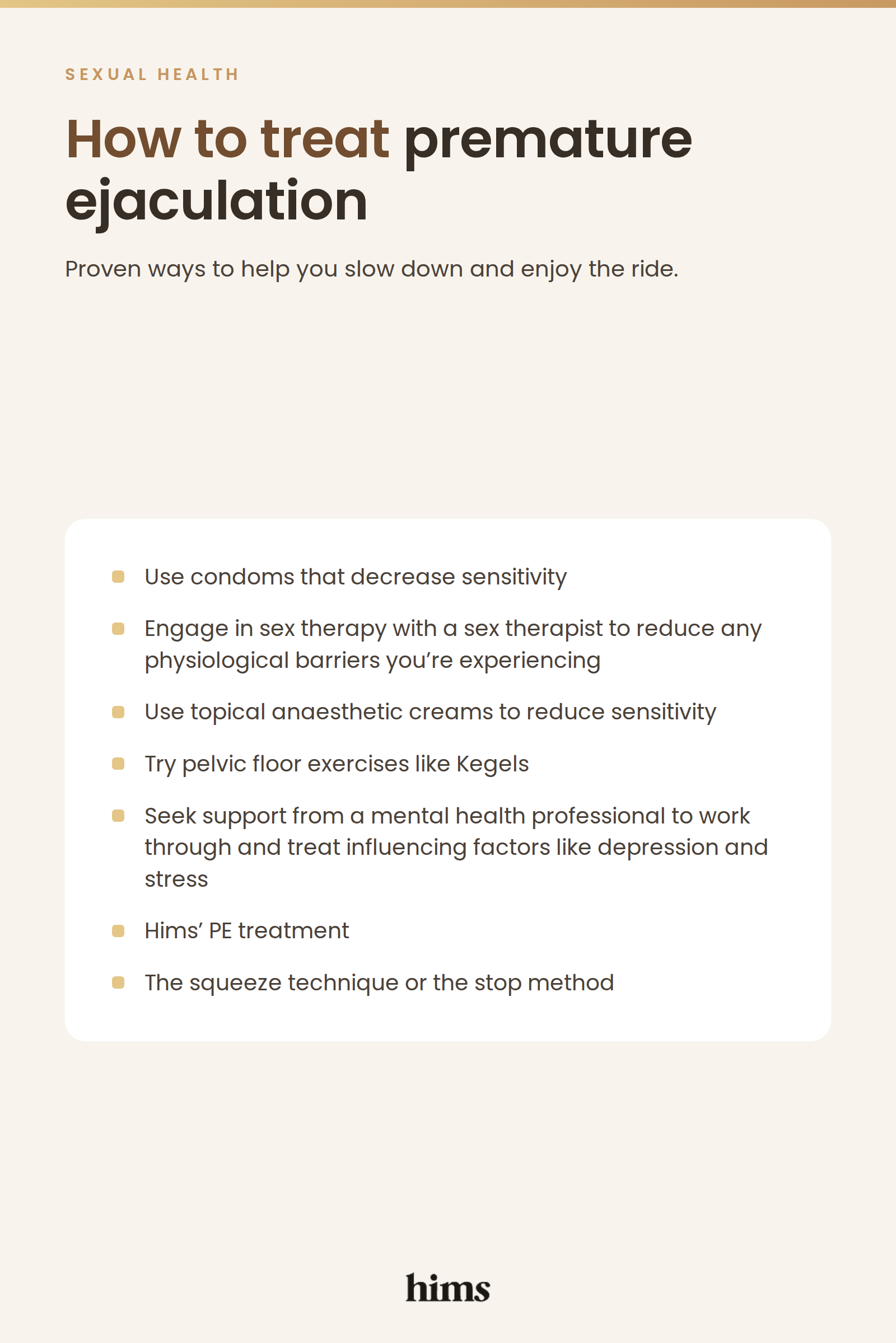 Infographic listing proven ways to treat premature ejaculation, including desensitising condoms, topical anaesthetic creams, Kegel exercises and sex therapy