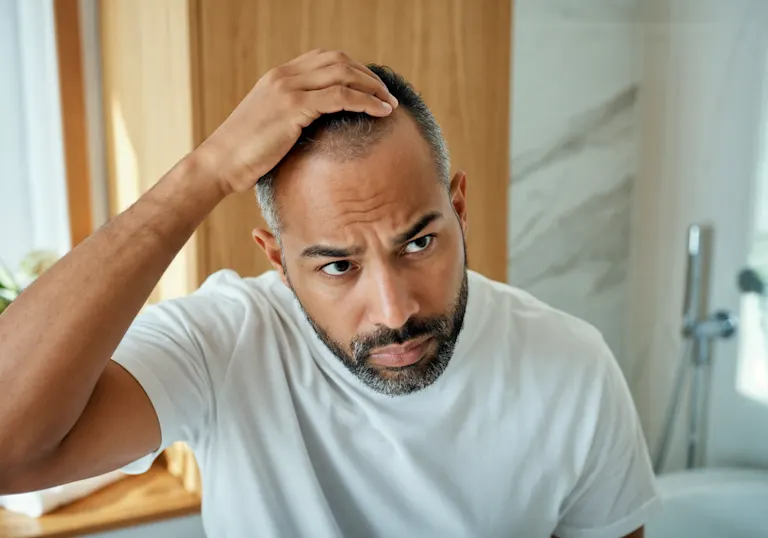A man looks concerned as he sees his hairline in the mirror