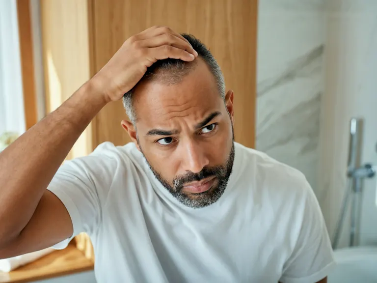 A man looks concerned as he sees his hairline in the mirror