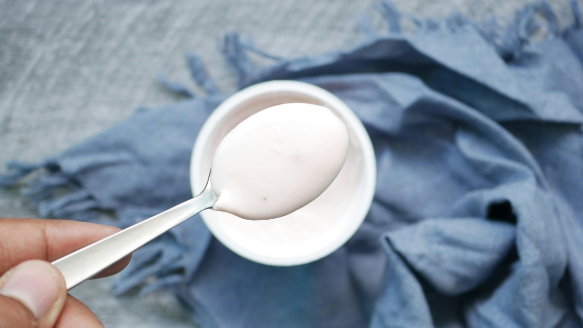 Spoonful of probiotic yoghurt held above a small bowl to support gut health