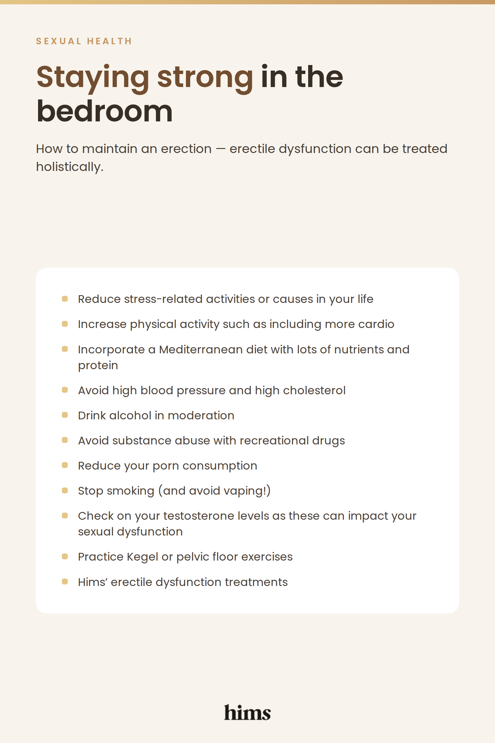 Infographic with tips on how to maintain an erection, including more exercise, a Mediterranean diet, less alcohol and quitting smoking