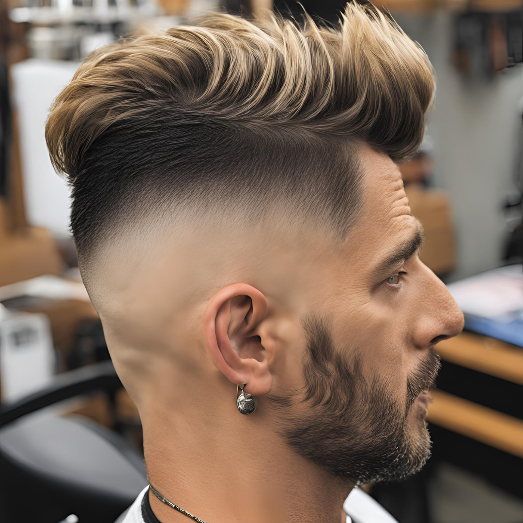 Man with a faux hawk haircut with faded sides that adds volume on top of the head
