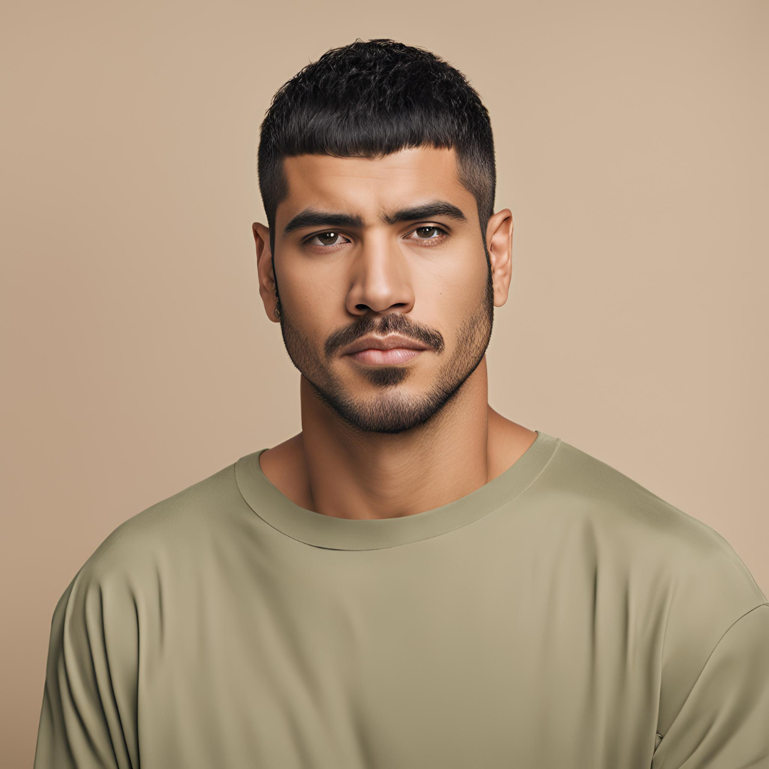 Man with a Caesar cut with a short, straight fringe that helps conceal a balding crown