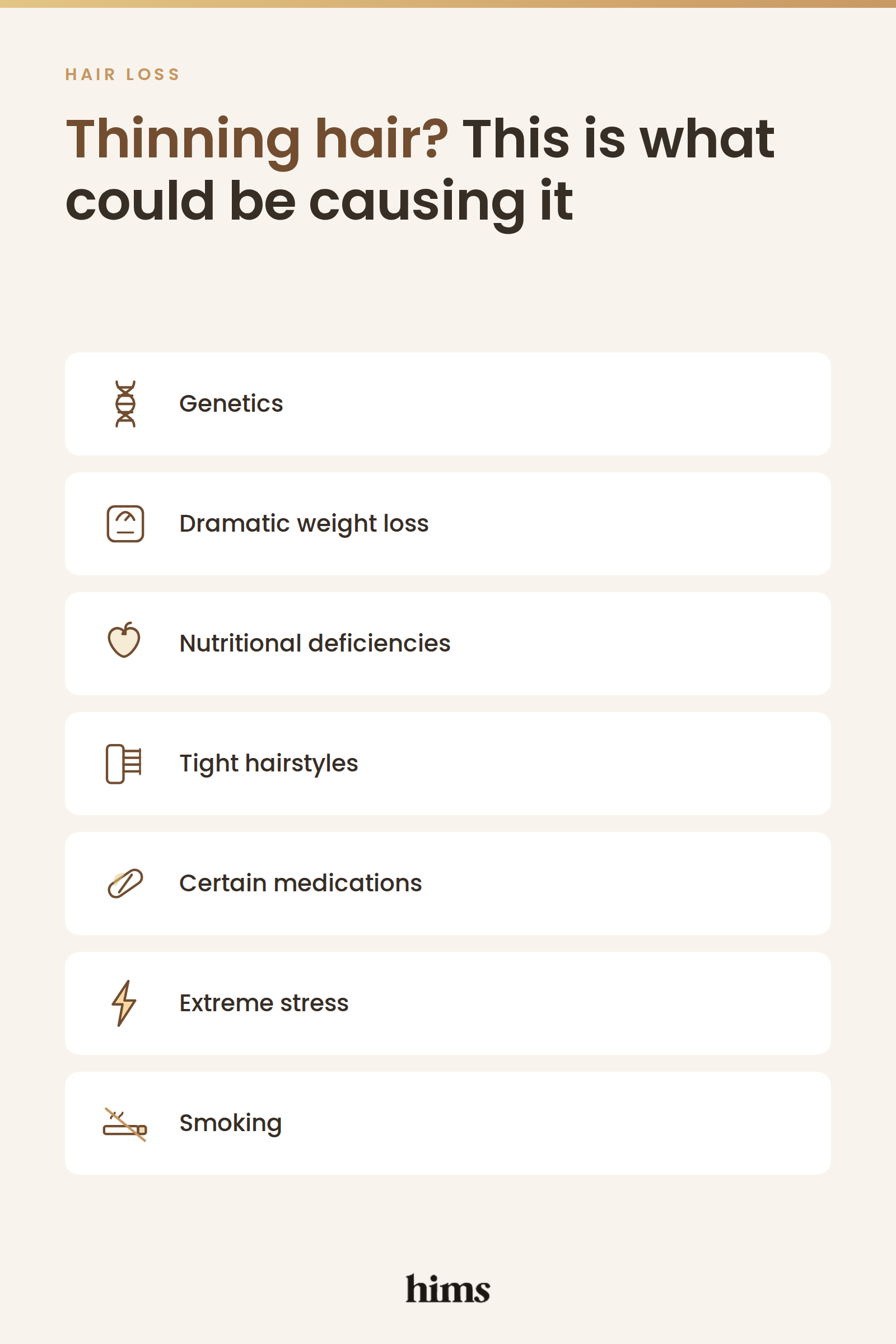 Infographic listing seven causes of thinning hair, including genetics, dramatic weight loss, nutritional deficiencies, tight hairstyles, medications, stress and smoking