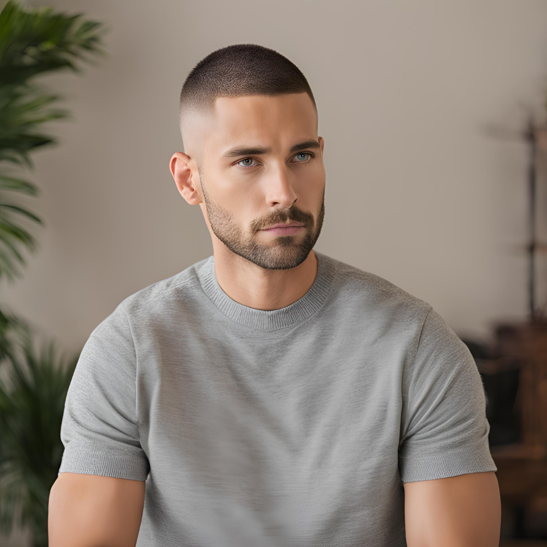 Man with a crew cut and faded sides, a low-maintenance haircut for a balding crown