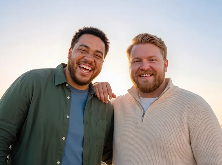 Two males friends look happily into the camera at sunset