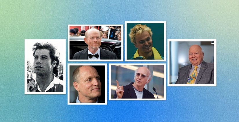 Collage of celebrities with receding hairlines, including John Travolta, Ron Howard, Woody Harrelson and Larry David
