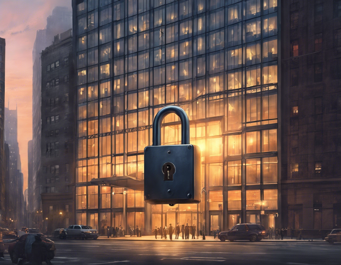 Office building is secured by a big padlock. Represents in the importance of authentication in software.