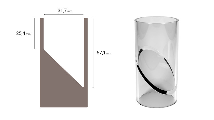 En smådelscylinder. Bredvid visas måtten på var en smådel ska kunna få plats i cylindern. Öppningen är 31,7 mm, den långa sidan 57,1 mm och den korta sidan 25,4 mm.