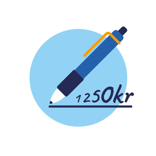 Blå penna och ett streck som det står 1250 kr ovanför.
