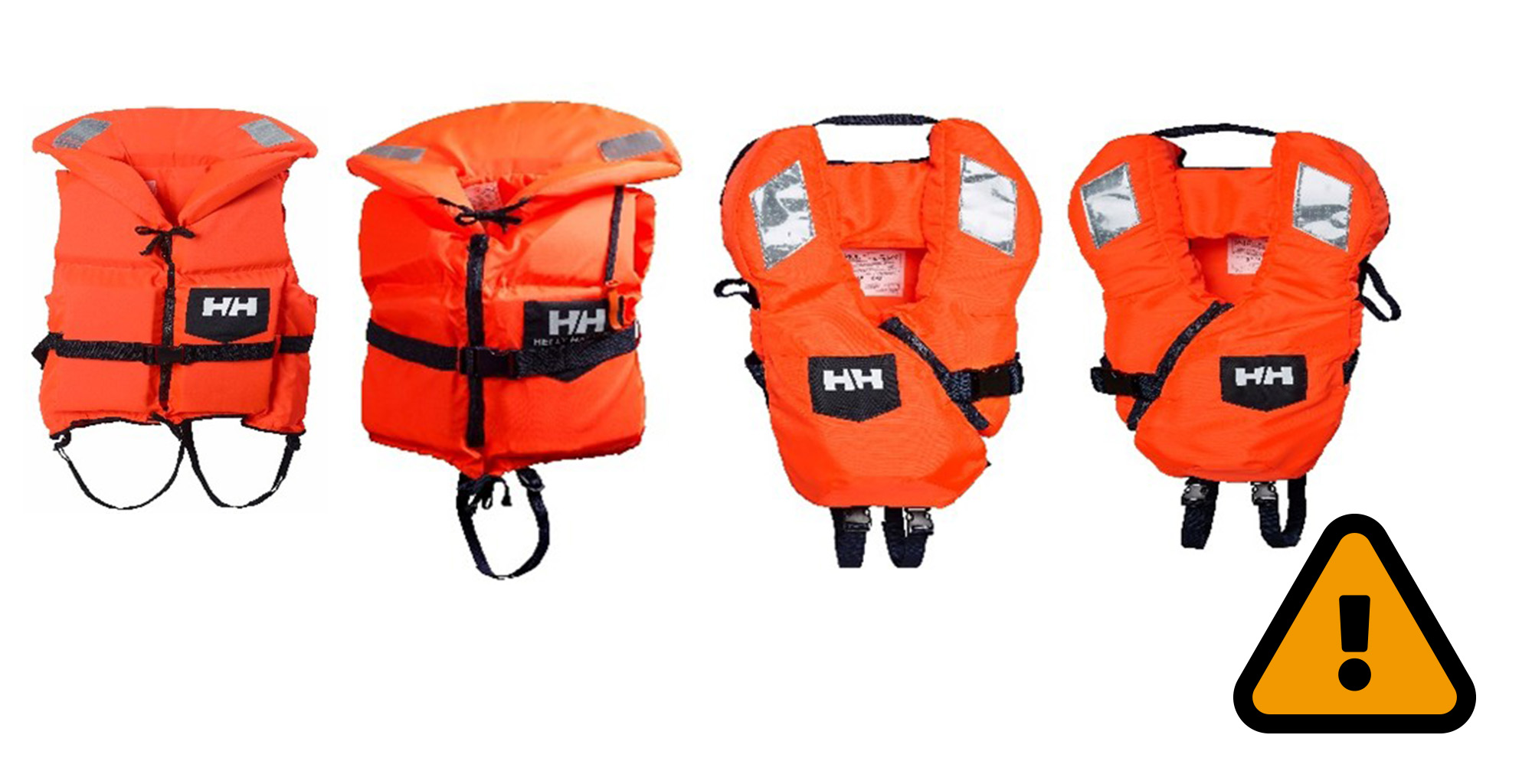 Bild på fyra flytvästar från Helly Hansen