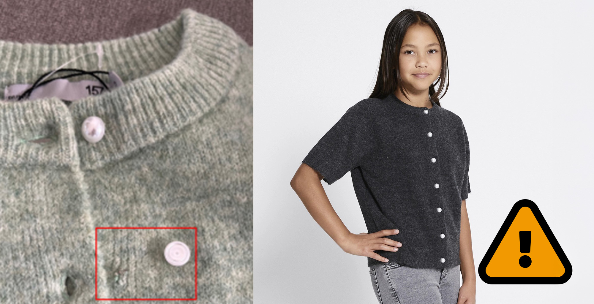 Koftan som återkallas. På bilden visas också en knapp som lossnat.