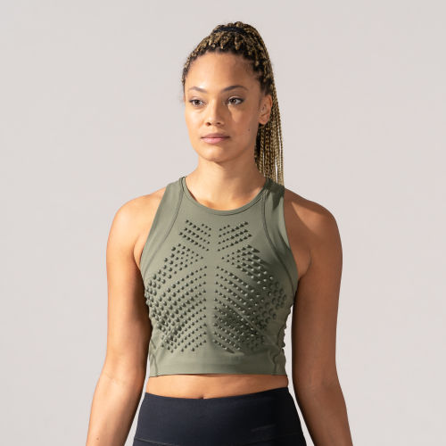 Front view of Female wearing Omorpho olive G Crop  