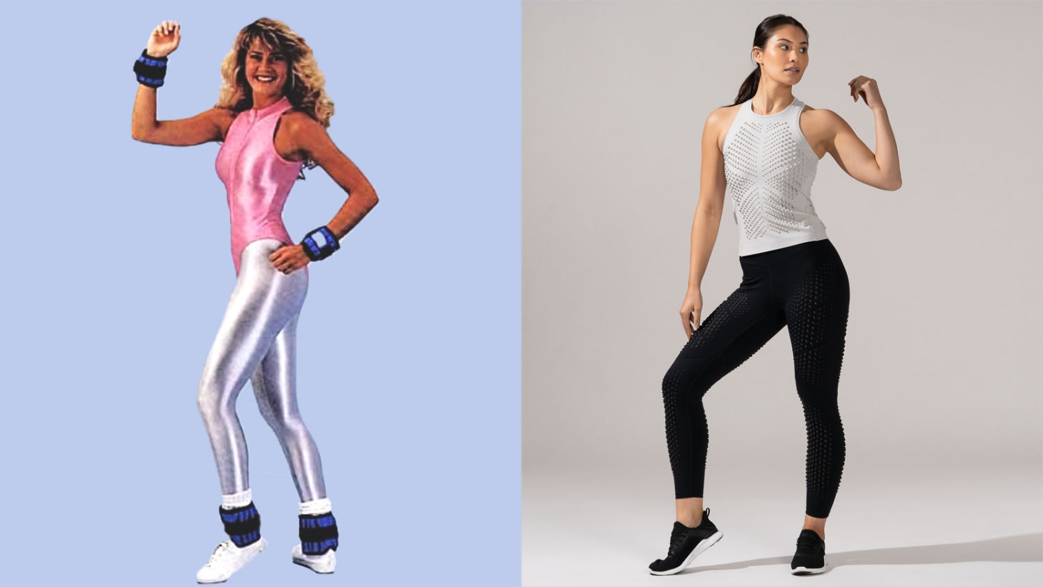 Image contrasting workout trends from the 1980's ankle weights to 2023 workout clothing with distributed microload weights.