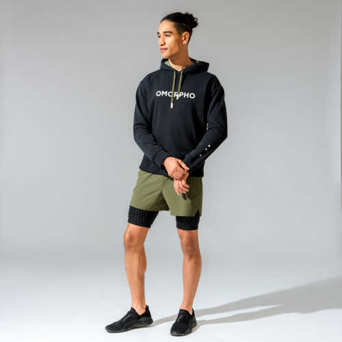 OMORPHO M Lifestyle Hoodie black for men - full body front with G-Short olive