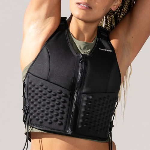 Close-up Front view of Female wearing OMORPHO Black G-Vest wearable weight vest