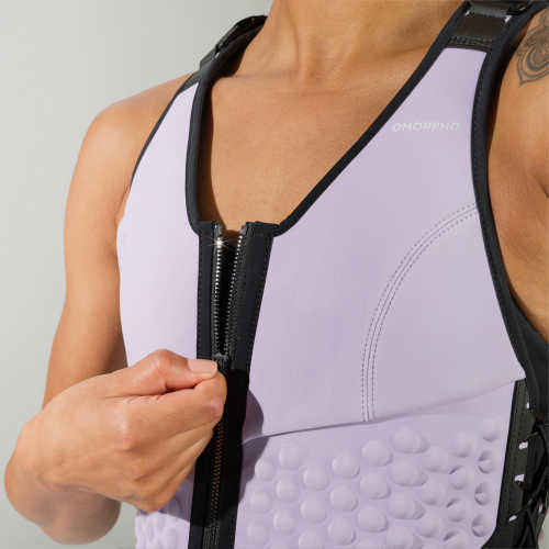 Front detail view of womens lavender weight vest from OMORPHO